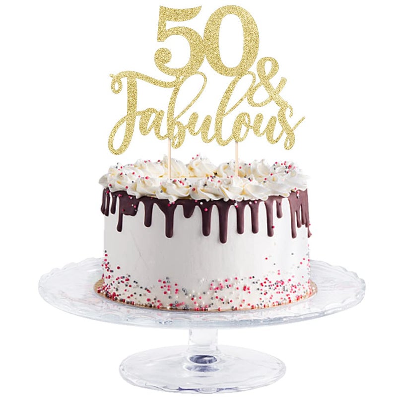Yetxel Golden Glitter 50 & Fabulous Cake Topper, 50th Birthday Cake Topper, Fifty and Fabulous, 2 Pieces - Image 1